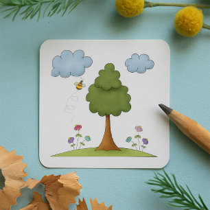Bienen- und Baumlandschaft mit Blume und Wolken Quadratischer Aufkleber