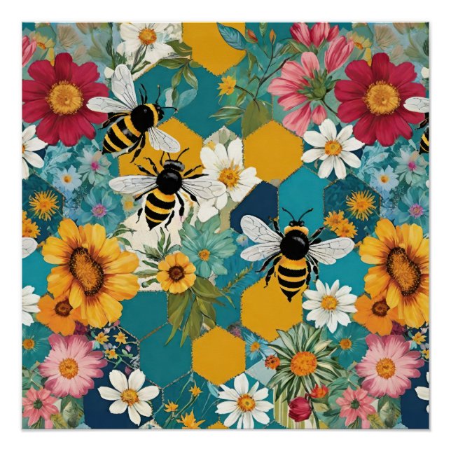 Bienen und Blumen Biene Blumenmuster Poster (Vorderseite)
