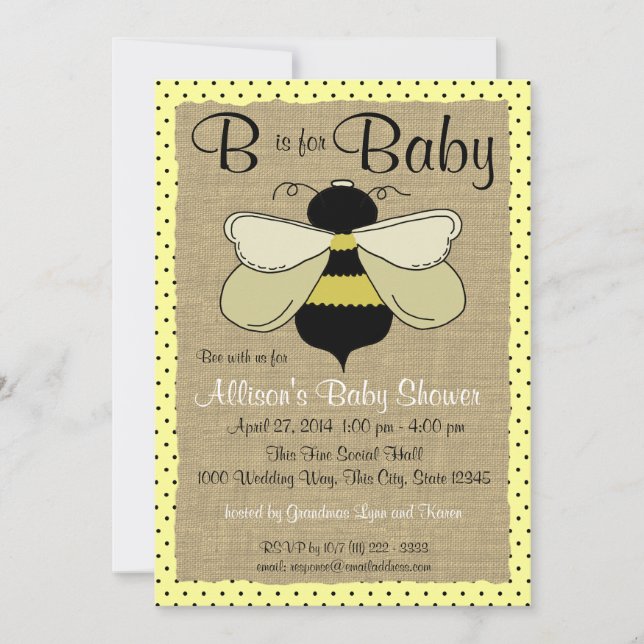 Bienen- und Burlap-Baby-Dusche Einladung (Vorderseite)
