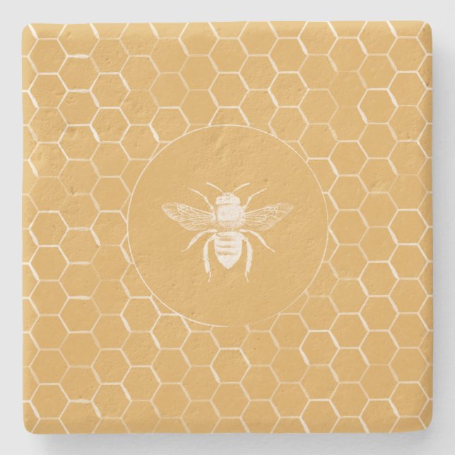 Bienen und goldenes Bienenwaben-Muster Steinuntersetzer (Vorderseite)
