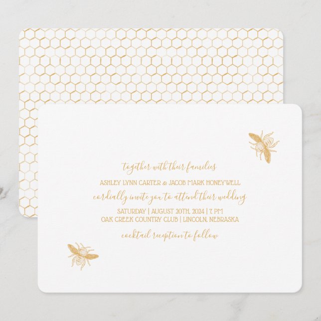 Bienen und goldenes Honigwabenmuster Hochzeit 2 Einladung (Vorne/Hinten)