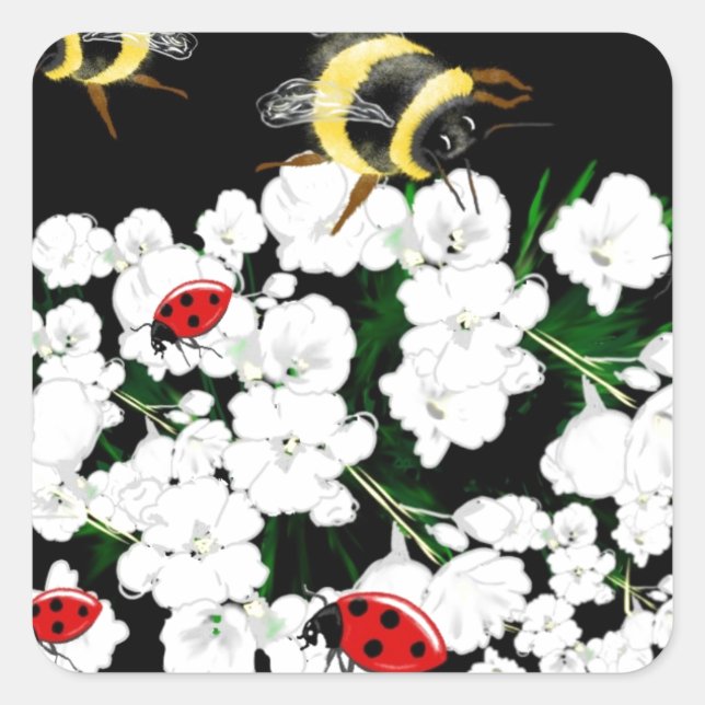 Bienen und Ladybugs Naturkunst Quadratischer Aufkleber (Vorderseite)