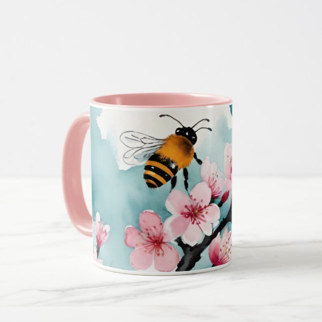 Bienen und rosa Kirschblüten mit blauem Himmel Tasse (Vorderseite Links)