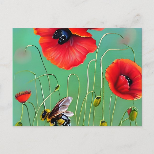 Bienen und Rote Poppies Postkarte (Vorderseite)