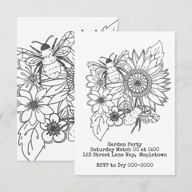 Bienen und Sonnenblumen Kunst Einladung (Vorne/Hinten)