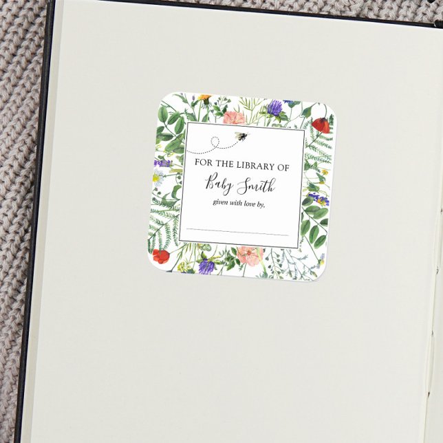 Bienen und Wildblume Baby Dusche Buchzeichen Aufkl Quadratischer Aufkleber (Von Creator hochgeladen)