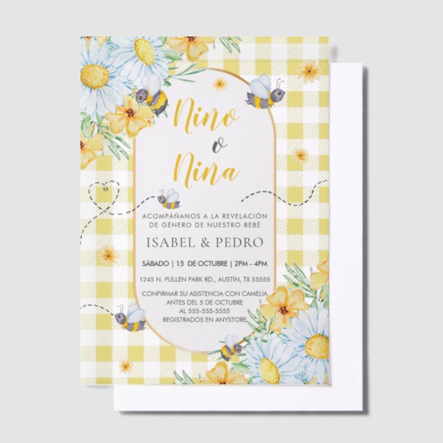 Bienen & Weiße Blume Gingham Spanish Gender Reveal (Versetzt)