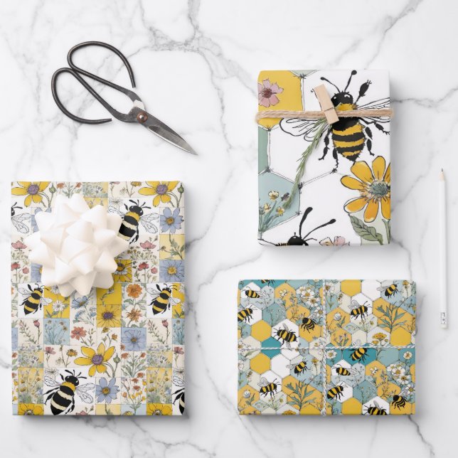 Bienenblätterpapier mit flachem Set von 3 Geschenkpapier Set (Vorderseite)