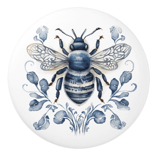Bienendesign im Blau-Weiß-Delft-Stil mit Blume Keramikknauf (Vorderseite)