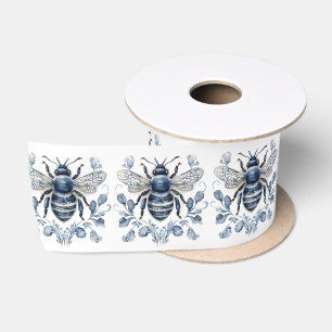 Bienendesign im Blau-Weiß-Delft-Stil mit Blume Satinband