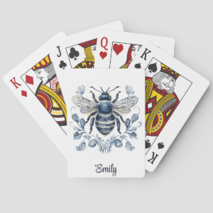 Bienendesign im Blau-Weiß-Delft-Stil mit Blume Spielkarten