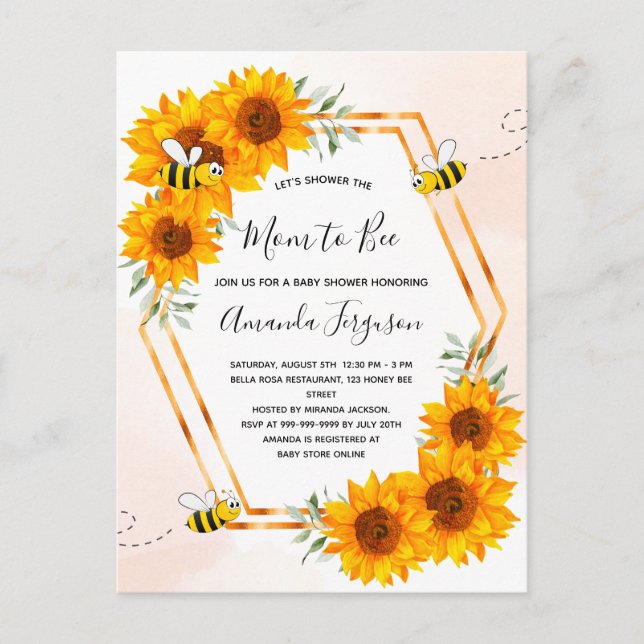 Bienendusche Sonnenblumen Rose Gold Einladung Postkarte (Vorderseite)