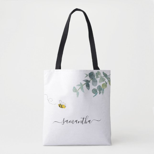 Bieneneukalyptusgrün, weiße Namensskripte niedlich Tasche (Vorderseite)