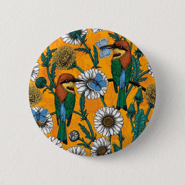 Bienenfresser, blaue Schmetterlinge und Gänse auf  Button (Vorderseite)