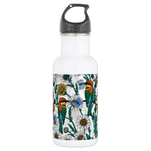 Bienenfresser, blaue Schmetterlinge und Gänse auf Edelstahlflasche