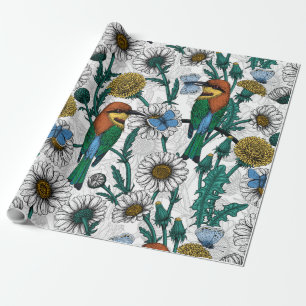 Bienenfresser, blaue Schmetterlinge und Gänse auf  Geschenkpapier