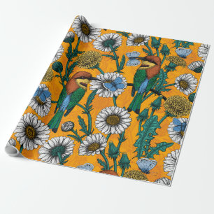 Bienenfresser, blaue Schmetterlinge und Gänse auf  Geschenkpapier