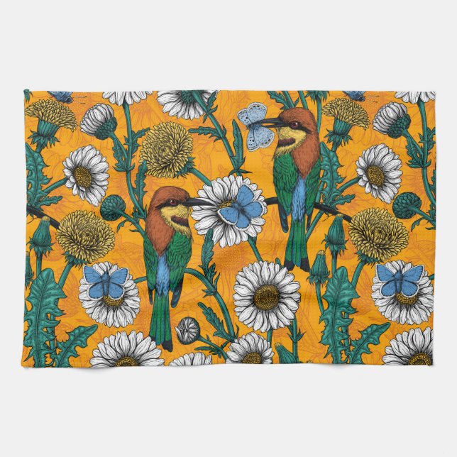Bienenfresser, blaue Schmetterlinge und Gänse auf  Geschirrtuch (Horizontal)