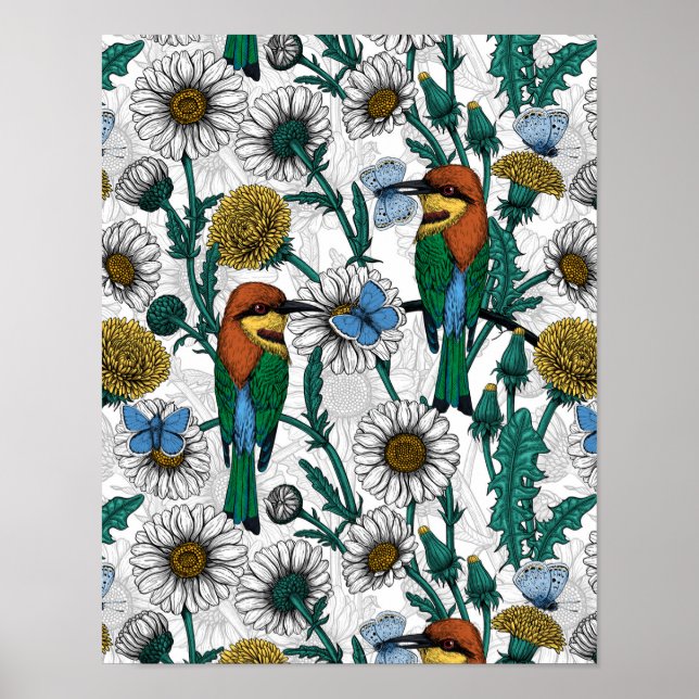 Bienenfresser, blaue Schmetterlinge und Gänse auf  Poster (Vorne)