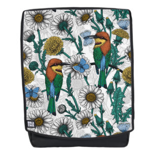 Bienenfresser, blaue Schmetterlinge und Gänse auf Rucksack