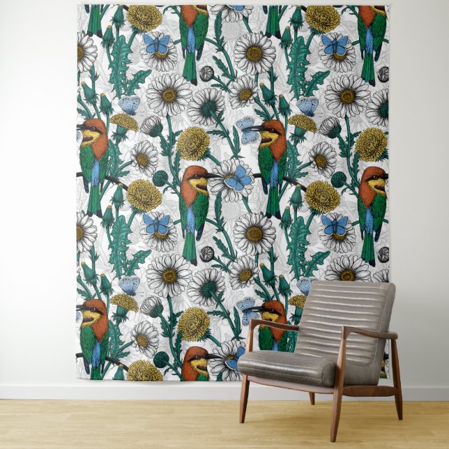 Bienenfresser, blaue Schmetterlinge und Gänse auf  Wandteppich (Beispiel)