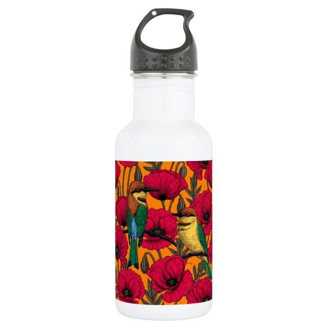 Bienenfresser und -mohn auf Orange Edelstahlflasche (Vorderseite)
