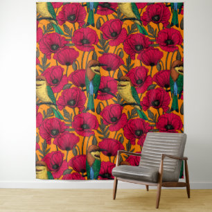 Bienenfresser und -mohn auf Orange Wandteppich
