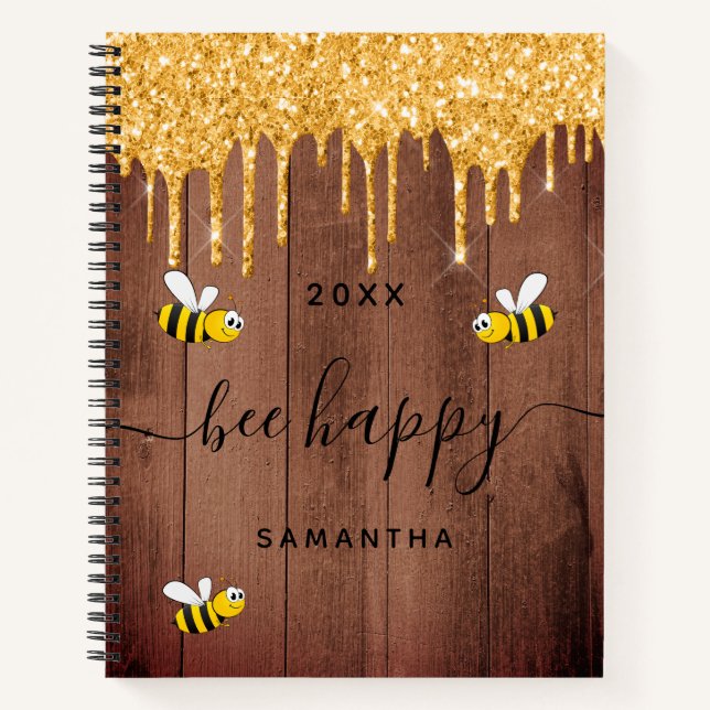 Bienenfröhliches Braunholz Glitzer Tropfen Name Notizbuch (Vorderseite)