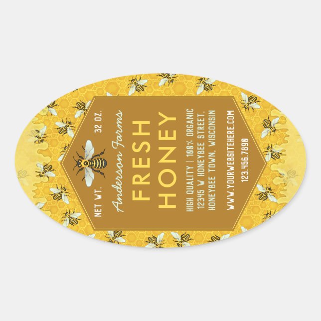 Bienenhalter Honey Jar Labels Honeycomb Bees Ovaler Aufkleber (Vorderseite)