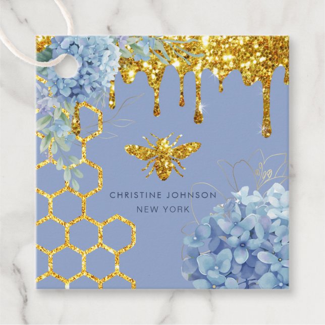Bienenlogo und blaue Hydrangea Geschenkanhänger (Vorderseite)
