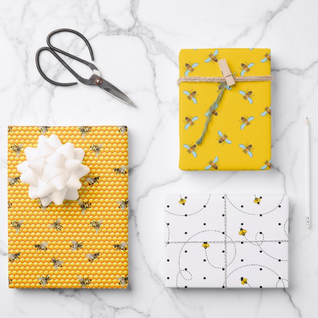 Bienensortiment Vier Wrapping Paper Geschenkpapier Set (Vorderseite)