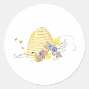 Bienenstock aus gekochtem Stroh und Blume Runder Aufkleber