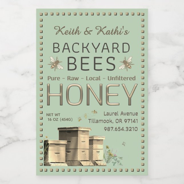 Bienenstöcke und Bienengarten Grün Lebensmitteletikett (Einzelnes Label)