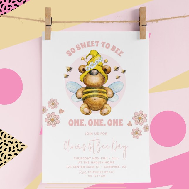 Bienentag Honeybee Pink Floral 1. Geburtstag Einladung (Von Creator hochgeladen)