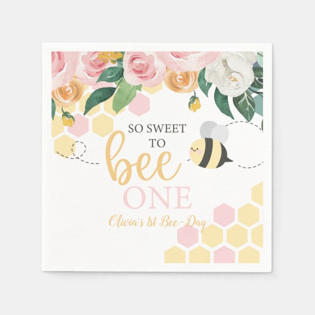 Bienentag Hummel 1. Geburtstag Rosa Blütenblüte Serviette (Vorderseite)