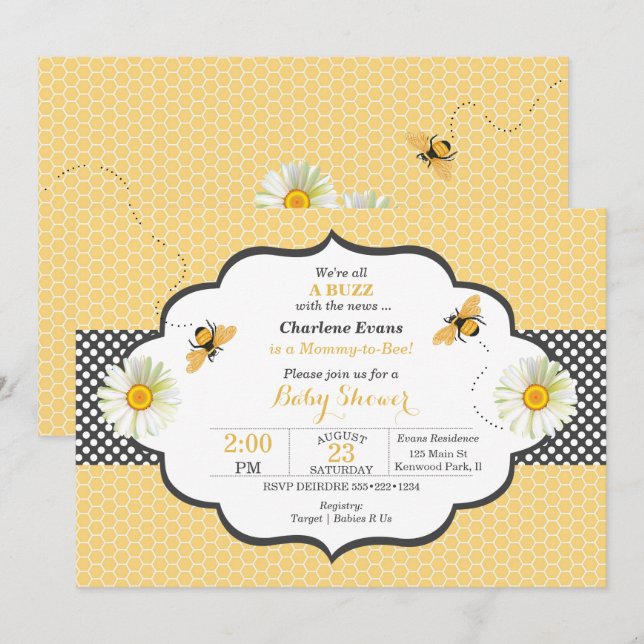 Bienenthema Honeycomb Gold & Gray Polka Dot Einladung (Vorne/Hinten)