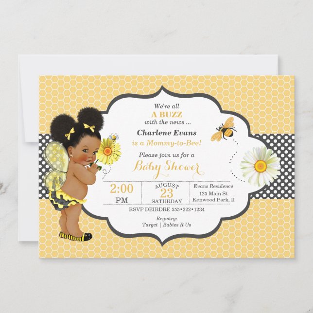 Bienenthema Yellow Dot Baby Girl Puffs Einladung (Vorderseite)