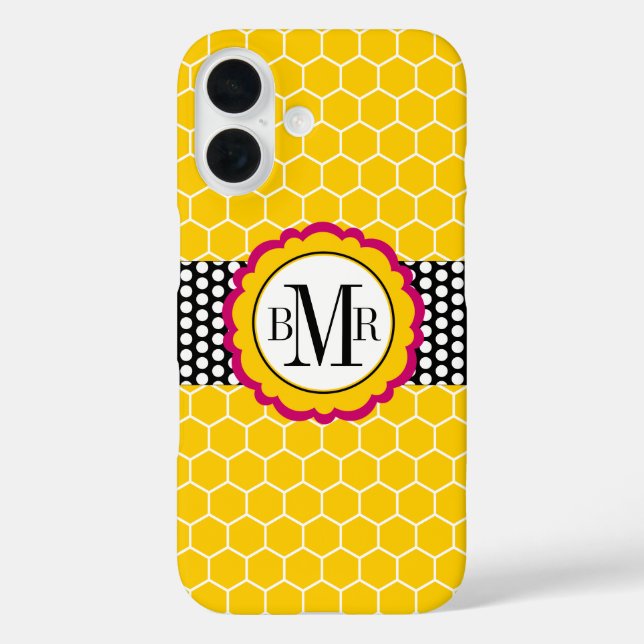 Bienenwaben-Muster und Blumen-Monogramm iPhone 16 Hülle (Rückseite)