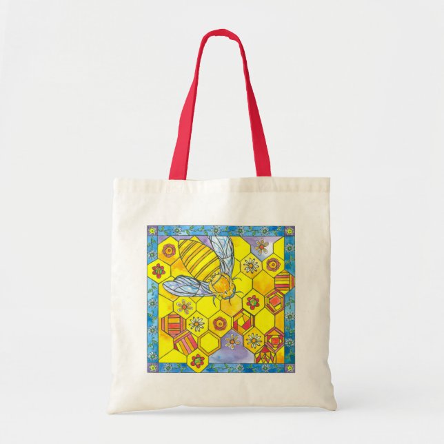 Bienenwabenkabb Daisy Watercolor Blume Geometrisch Tragetasche (Vorne)