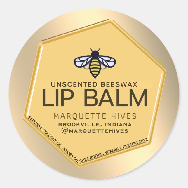 Bienenwachs Lip Balm 3D Gelbes Hexagon mit Biene Runder Aufkleber (Vorderseite)