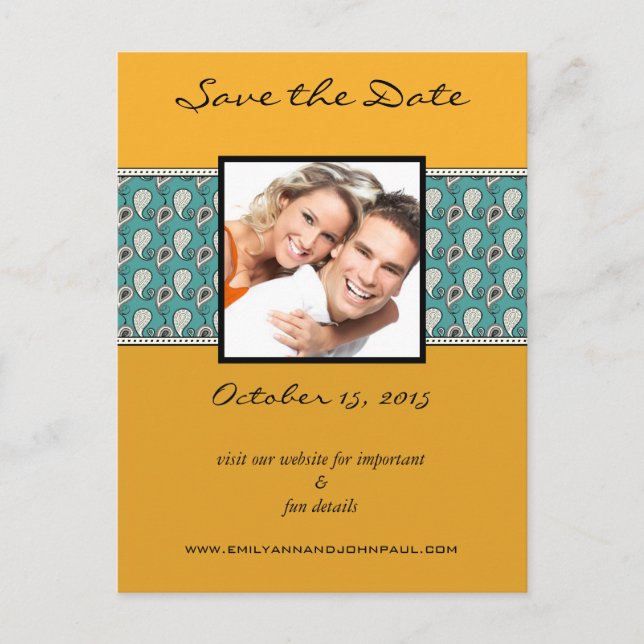 Bienenwachs und Aquamarin Paisley Save the Date Ih Ankündigungspostkarte (Vorderseite)