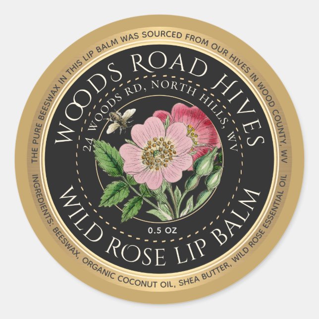 Bienenwachs Wilde Rose Honeybee Lip Balm Gold Rim Runder Aufkleber (Vorderseite)
