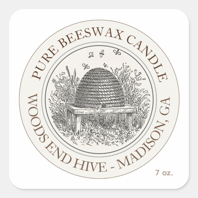Bienenwachskandle Skep mit Bienen Elfenbein Quadratischer Aufkleber (Vorderseite)