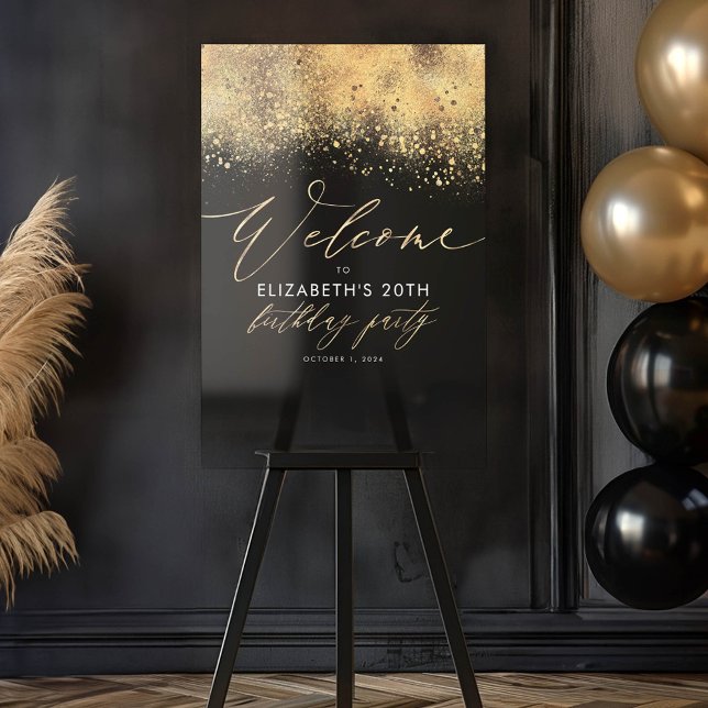 Bienvenue à la fête d'anniversaire Black and Gold (Black Birthday Party Welcome Sign)
