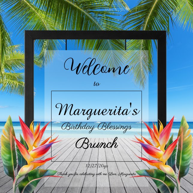 Bienvenue à la soirée de calligraphie de script mi (Chic Elegant Script Birthday Party Brunch Welcome Acrylic Sign)