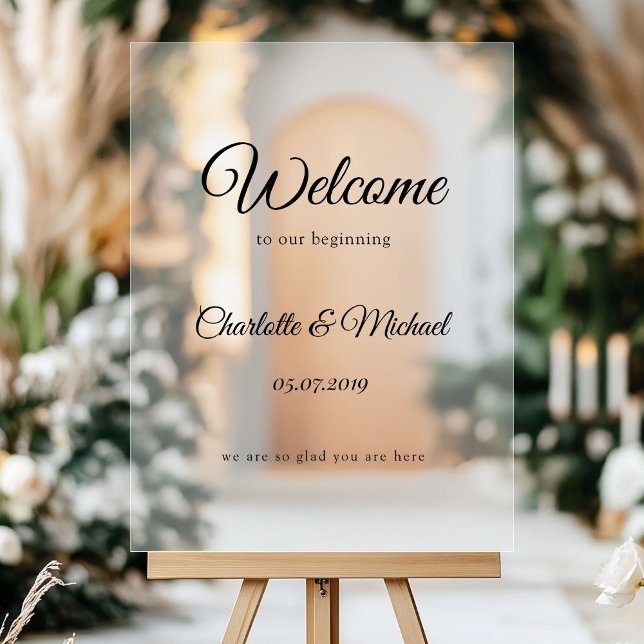 Bienvenue à notre début ! (Welcome to our beginning! acrylic sign with your names and date.)