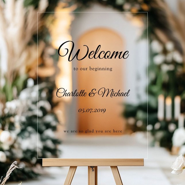 Bienvenue à notre début ! (Welcome to our beginning! acrylic sign with your names and date.)