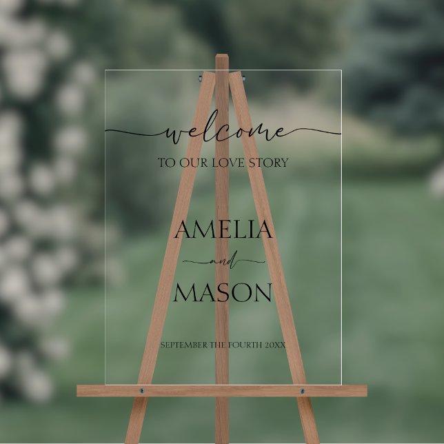 Bienvenue à Our Love Story Mariage (Clear acrylic simple minimalist wedding welcome sign with black text)
