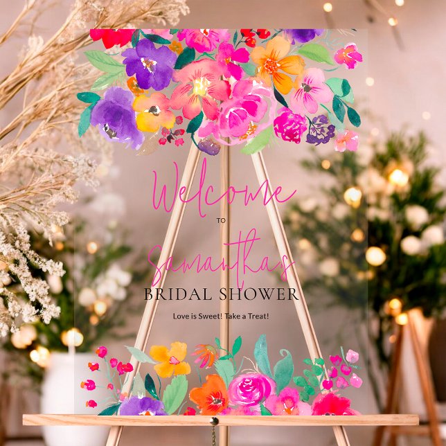 Bienvenue à une douche de mariage en aquarelle flo (Bold pink floral watercolor bridal shower welcome acrylic sign)