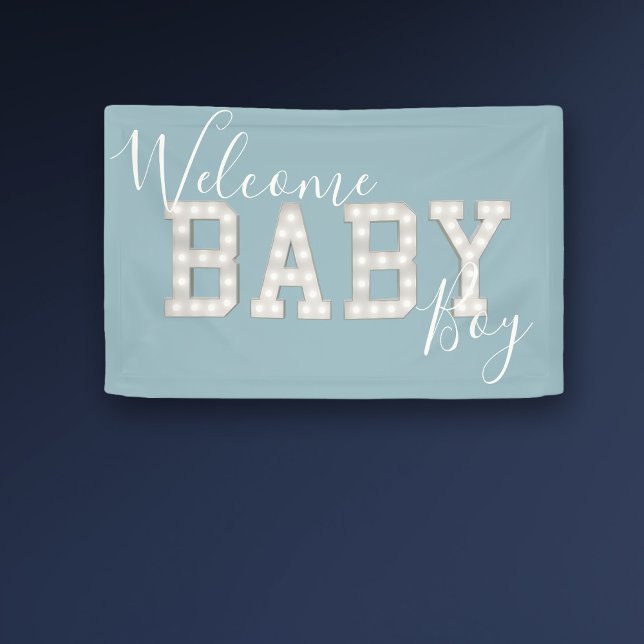 Bienvenue Baby Boy Blue Shower Party Bannière (Welcome home to the baby boy! You can change the text to add your little one's name. )
